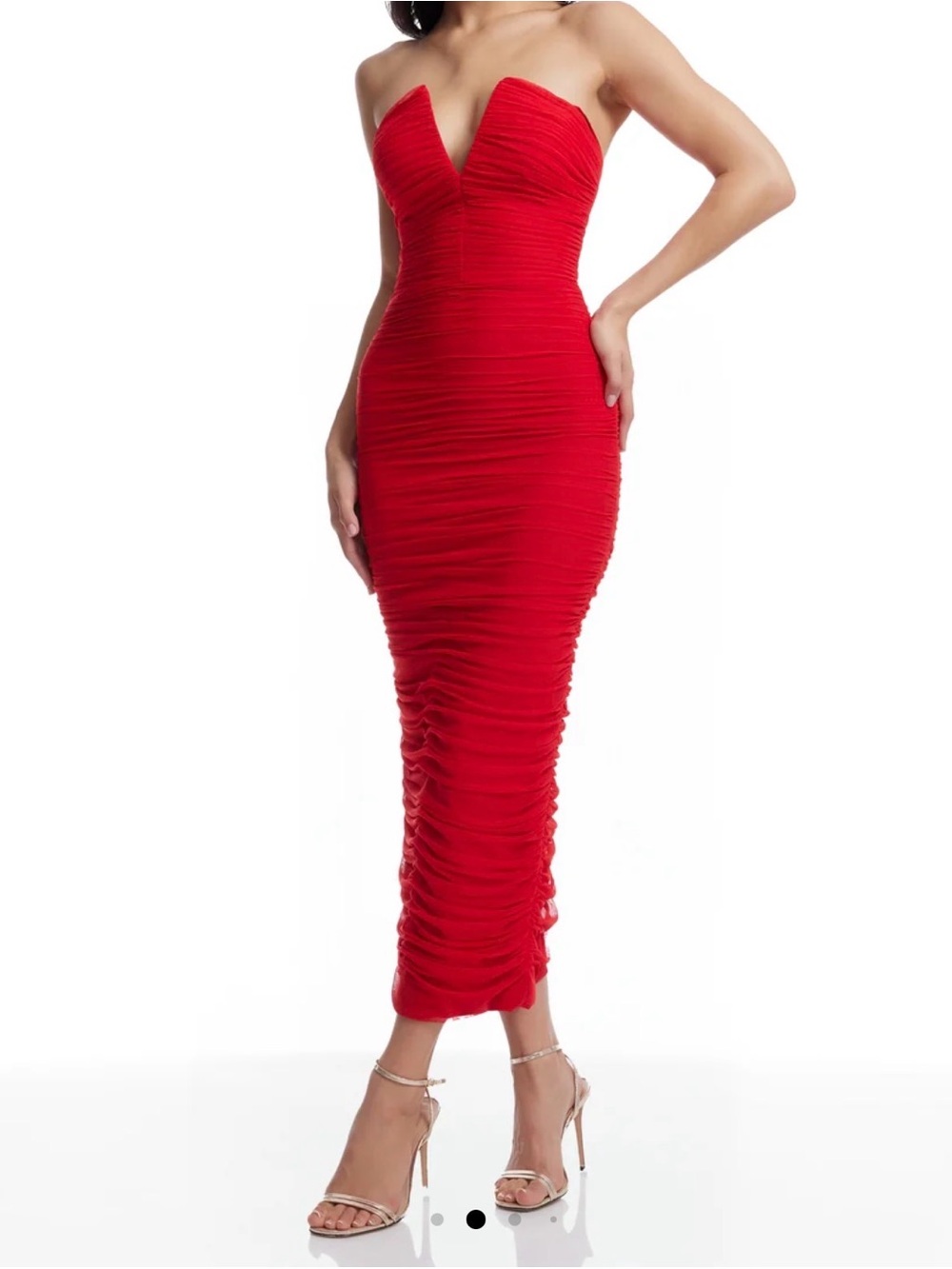 Dress the Population Ferra Rouge Red Ruched Midi Dress XS Strapless